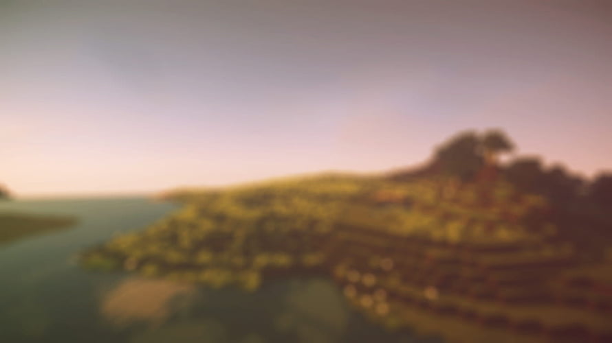Blurred Minecraft Landscape with Rolling Hills and Water at Dusk HD wallpaper