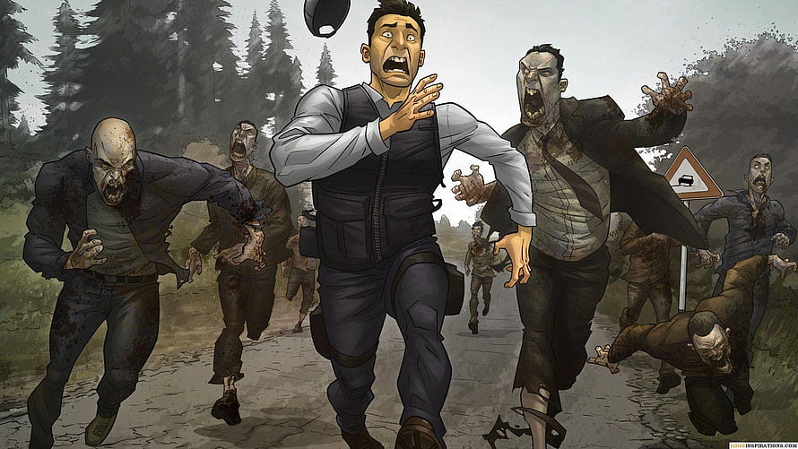 Project Zomboid: Survivor Fleeing from a Horde of Zombies on a Forest Road HD wallpaper