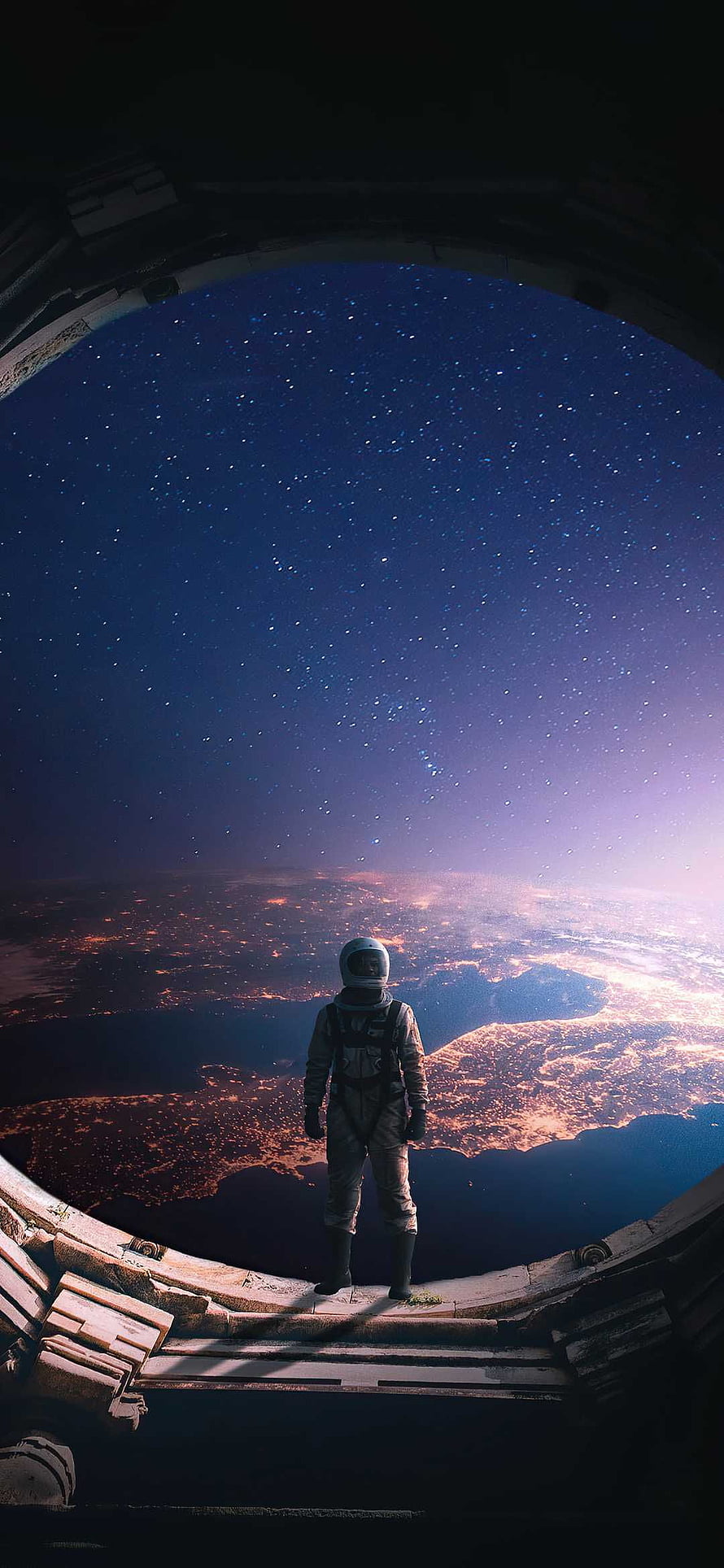 Interstellar astronaut standing at a space station viewport overlooking a glowing planet and starry cosmos HD phone wallpaper