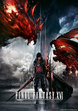 Final Fantasy XVI Key Art Featuring Clive Rosfield and Eikons in a Dark Fantasy Landscape HD phone wallpaper