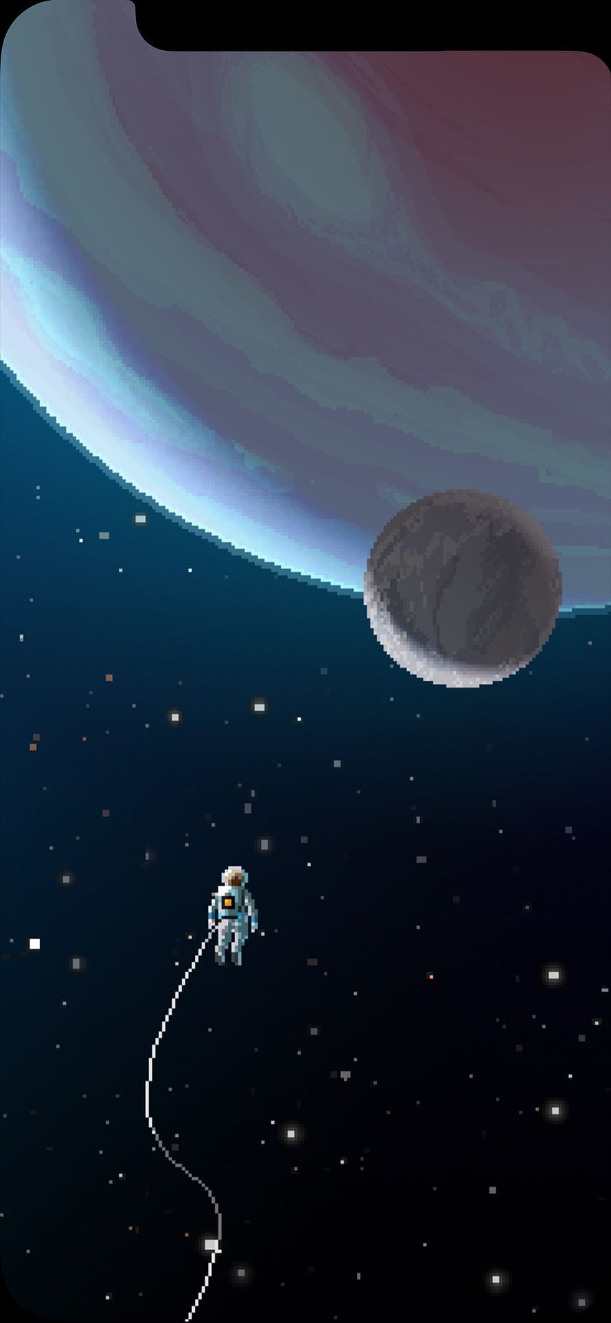 Pixel Art Astronaut Floating in Deep Space with Giant Planet and Moon HD phone wallpaper