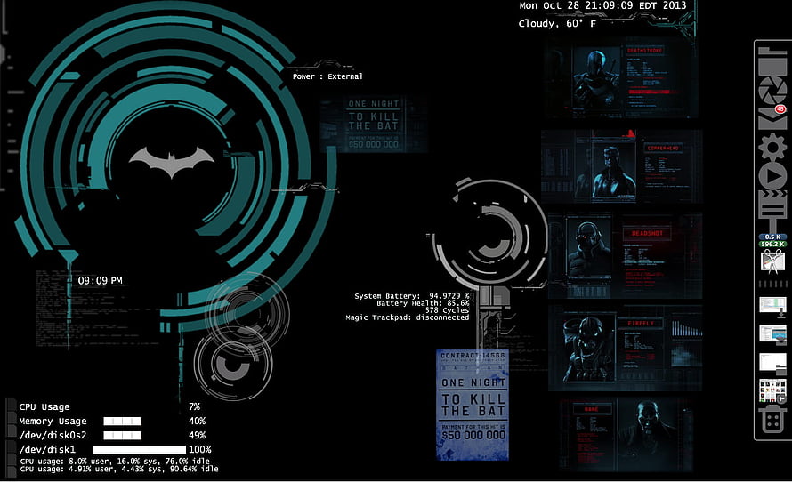 Batcomputer Interface with Batman Logo and Villain Profiles on Dark Tech Dashboard HD wallpaper