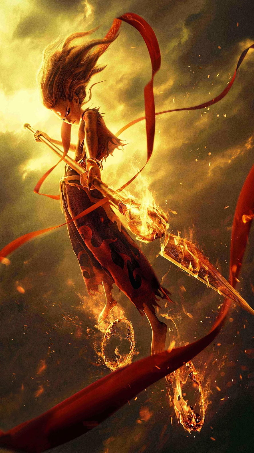 Ne Zha Reborn: Fiery Warrior Wielding a Blazing Spear Amidst Swirling Ribbons and Embers HD phone wallpaper