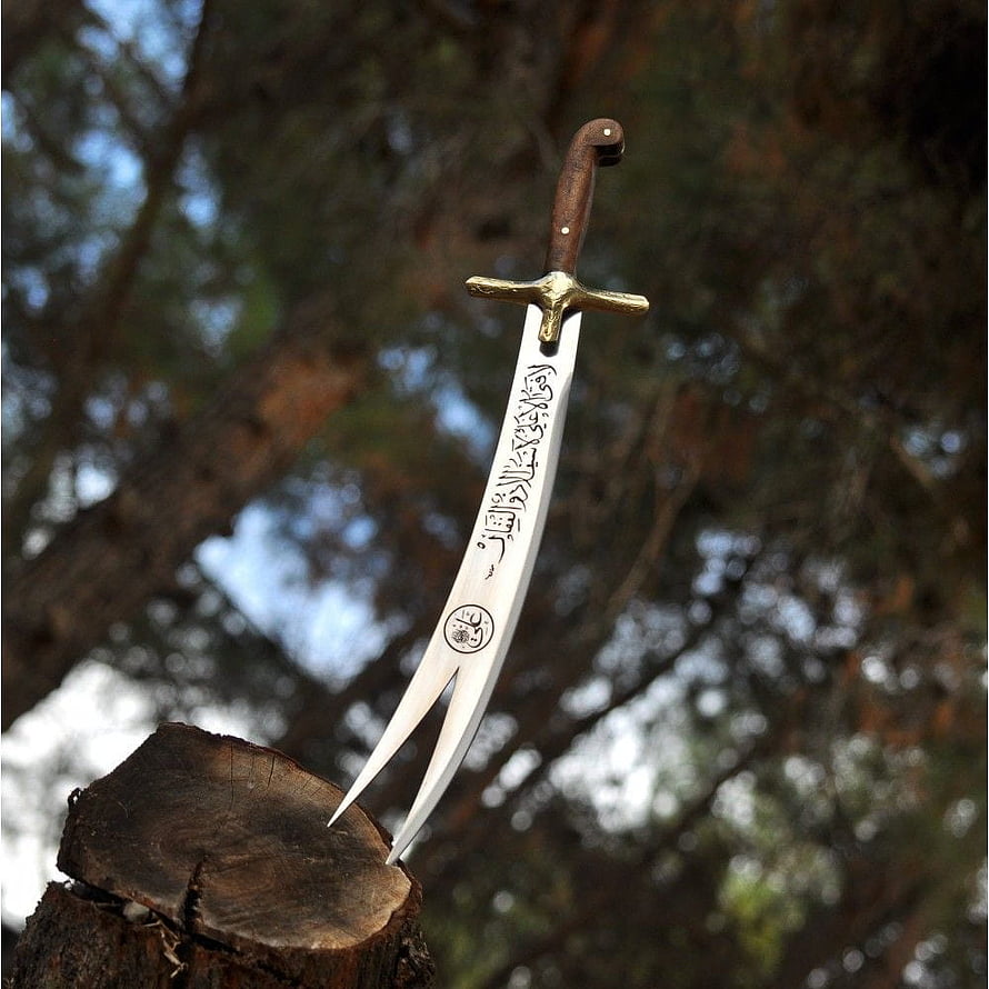 Zulfikar Sword with Engraved Blade and Wooden Handle on Tree Stump HD phone wallpaper