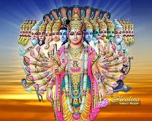 Krishna Virat Roop Divine Multi-Headed Deity Illustration with Radiant Golden Background HD wallpaper