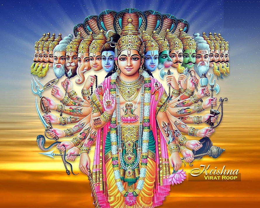 Krishna Virat Roop Divine Multi-Headed Deity Illustration with Radiant Golden Background HD wallpaper