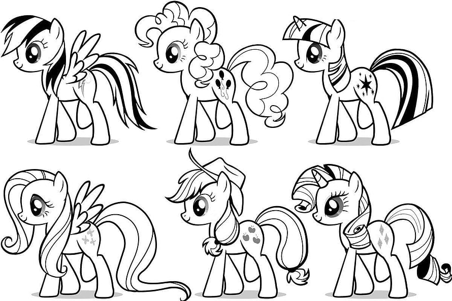 My Little Pony Friendship Is Magic Black and White Coloring Page Featuring Six Main Characters HD wallpaper
