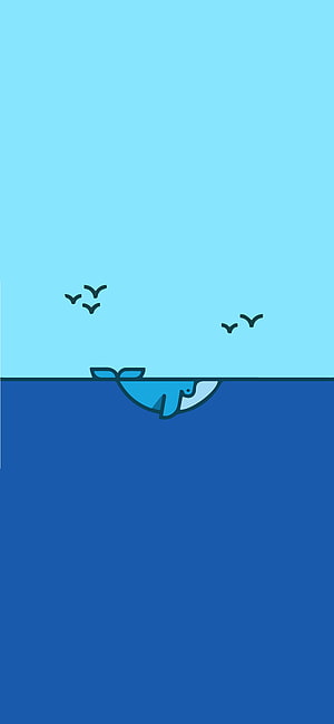 Minimalist Whale Surfacing in Ocean with Birds in Sky HD phone wallpaper