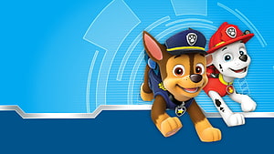 PAW Patrol Chase and Marshall Leaning Over Blue Tech Background HD wallpaper
