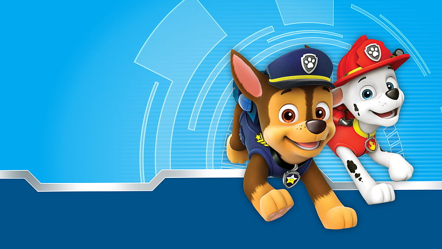 PAW Patrol Chase and Marshall Leaning Over Blue Tech Background HD wallpaper