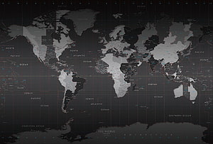 Dark Monochrome World Map with Time Zones and Ocean Labels HD wallpaper