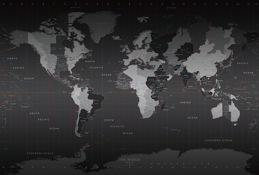 Dark Monochrome World Map with Time Zones and Ocean Labels HD wallpaper