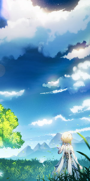 Genshin Impact Character Gazing at Vast Sky Over Lush Green Meadow and Distant Mountains HD phone wallpaper