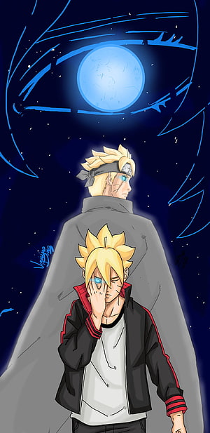 Boruto and Sarada Sharingan Eye Artwork with Blue Moon and Starry Night Sky HD phone wallpaper