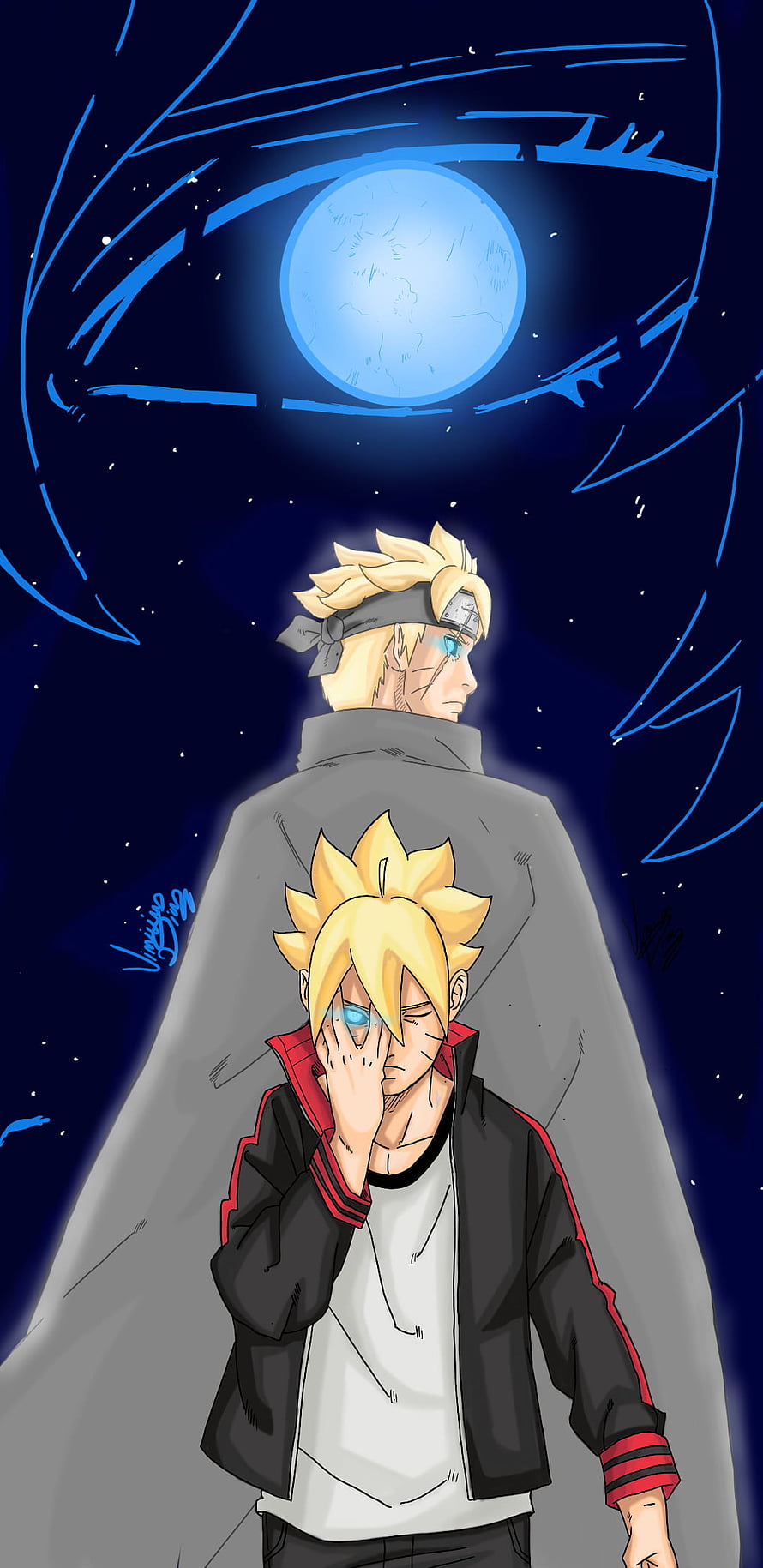 Boruto and Sarada Sharingan Eye Artwork with Blue Moon and Starry Night Sky HD phone wallpaper
