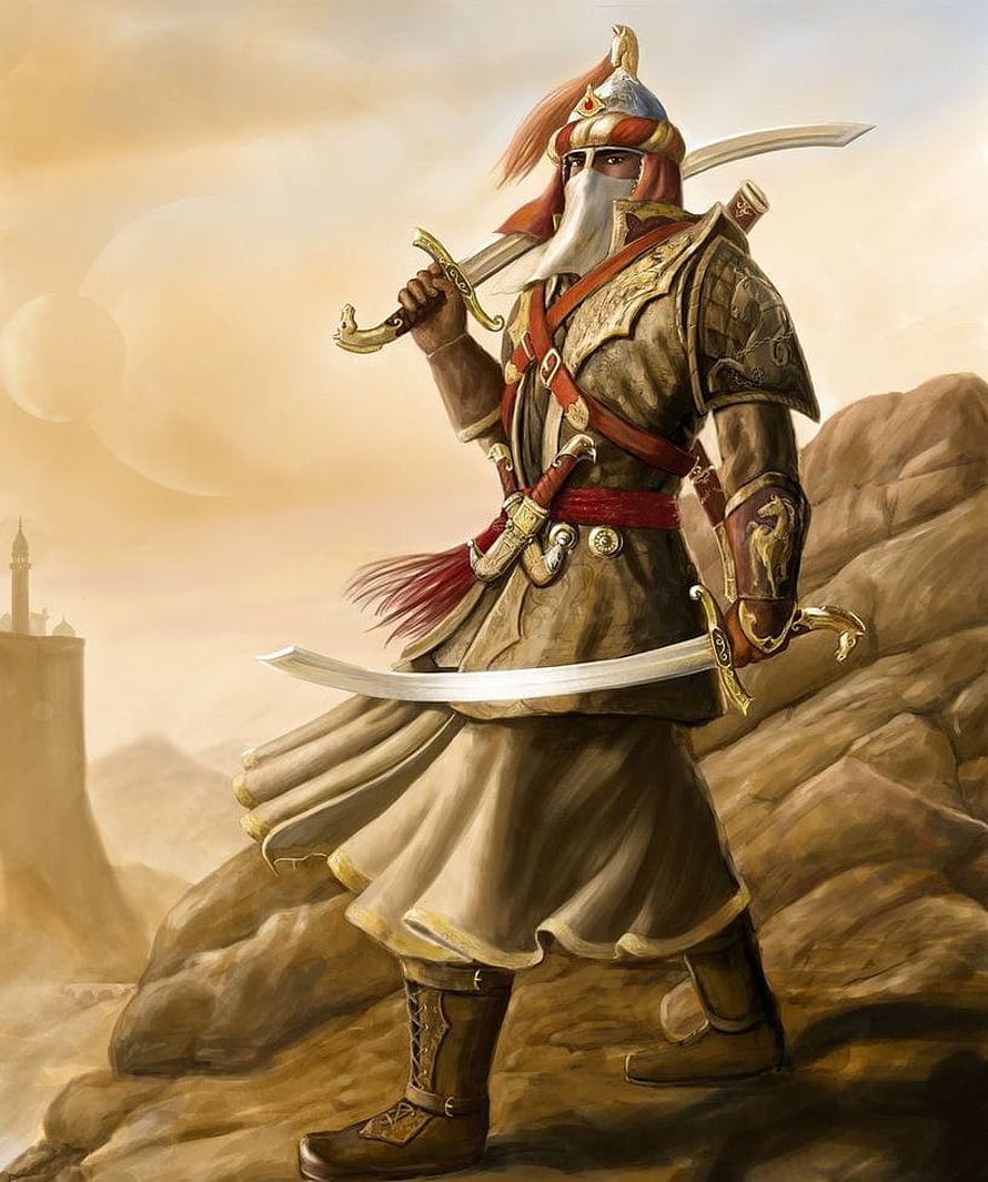 Arab Warrior in Traditional Armor Holding Dual Scimitars on Rocky Terrain HD phone wallpaper