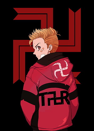 Takemichi Hanagaki in Red Hoodie with Tokyo Revengers Logo on Black Background HD phone wallpaper