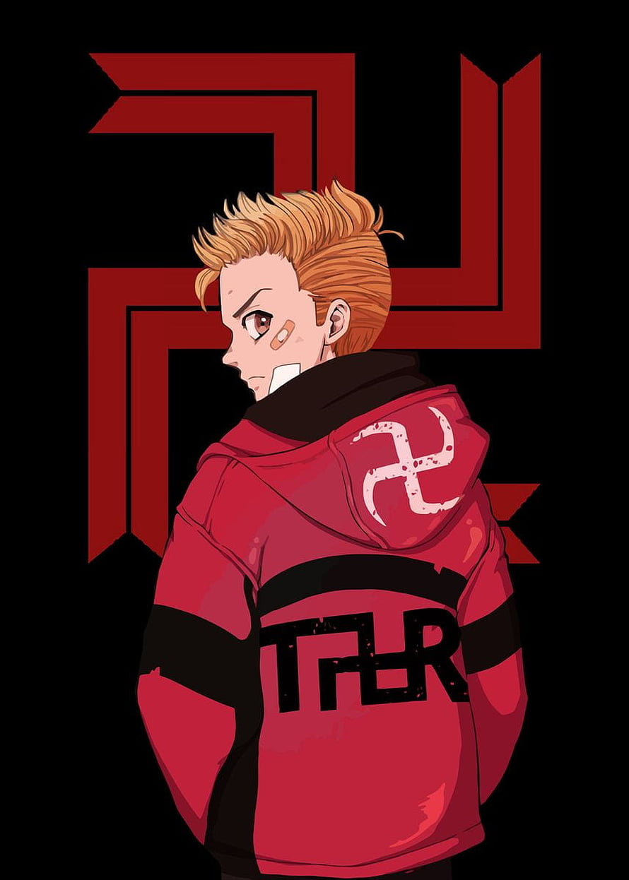 Takemichi Hanagaki in Red Hoodie with Tokyo Revengers Logo on Black Background HD phone wallpaper