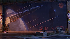 Sovietwave digital art featuring a retro-futuristic rocket launch and propaganda mural HD wallpaper