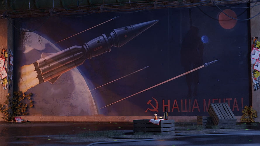 Sovietwave digital art featuring a retro-futuristic rocket launch and propaganda mural HD wallpaper