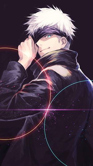 Satoru Gojo from Jujutsu Kaisen in a dark coat with glowing cosmic light trails and a confident smile HD phone wallpaper