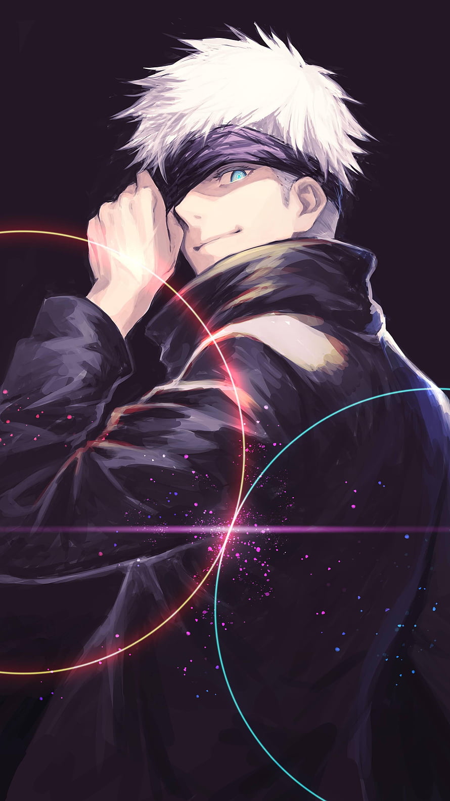 Satoru Gojo from Jujutsu Kaisen in a dark coat with glowing cosmic light trails and a confident smile HD phone wallpaper