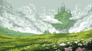 Pixel Art Spring Meadow with Rolling Hills and Distant Castle HD wallpaper