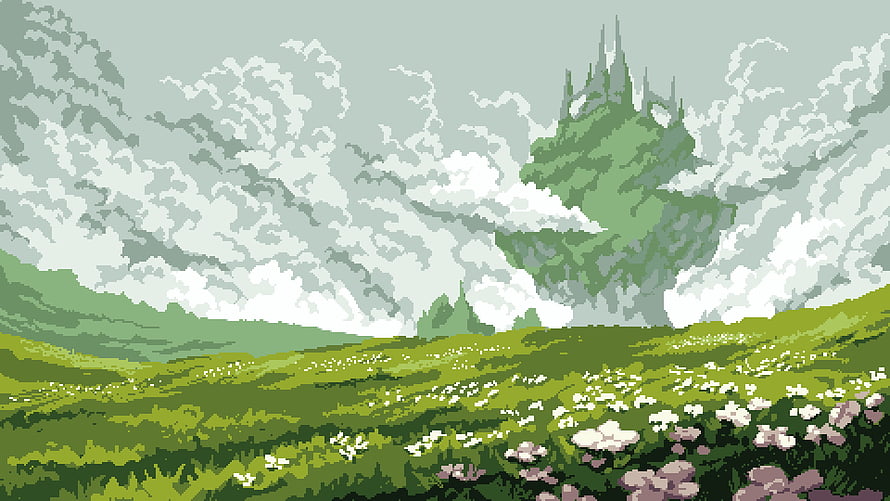 Pixel Art Spring Meadow with Rolling Hills and Distant Castle HD wallpaper