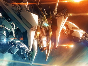 Xi Gundam in Dynamic Combat Pose with Dramatic Orange and Blue Lighting HD wallpaper