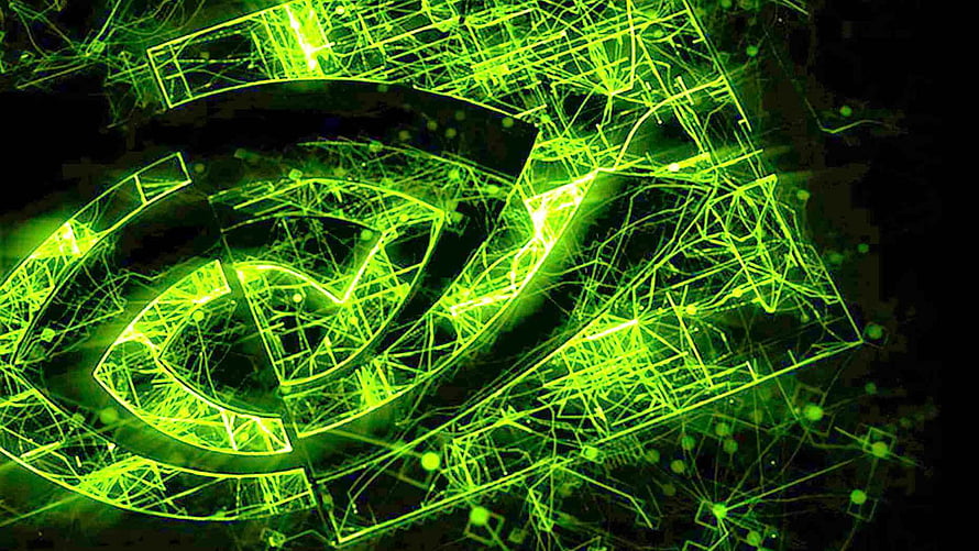 Glowing Green Nvidia GeForce Logo with Circuit Board Pattern on Black Background HD wallpaper