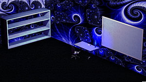 Modern Office Interior With Blue Fractal Wallpaper And Minimalist Furniture HD wallpaper