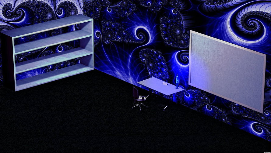 Modern Office Interior With Blue Fractal Wallpaper And Minimalist Furniture HD wallpaper