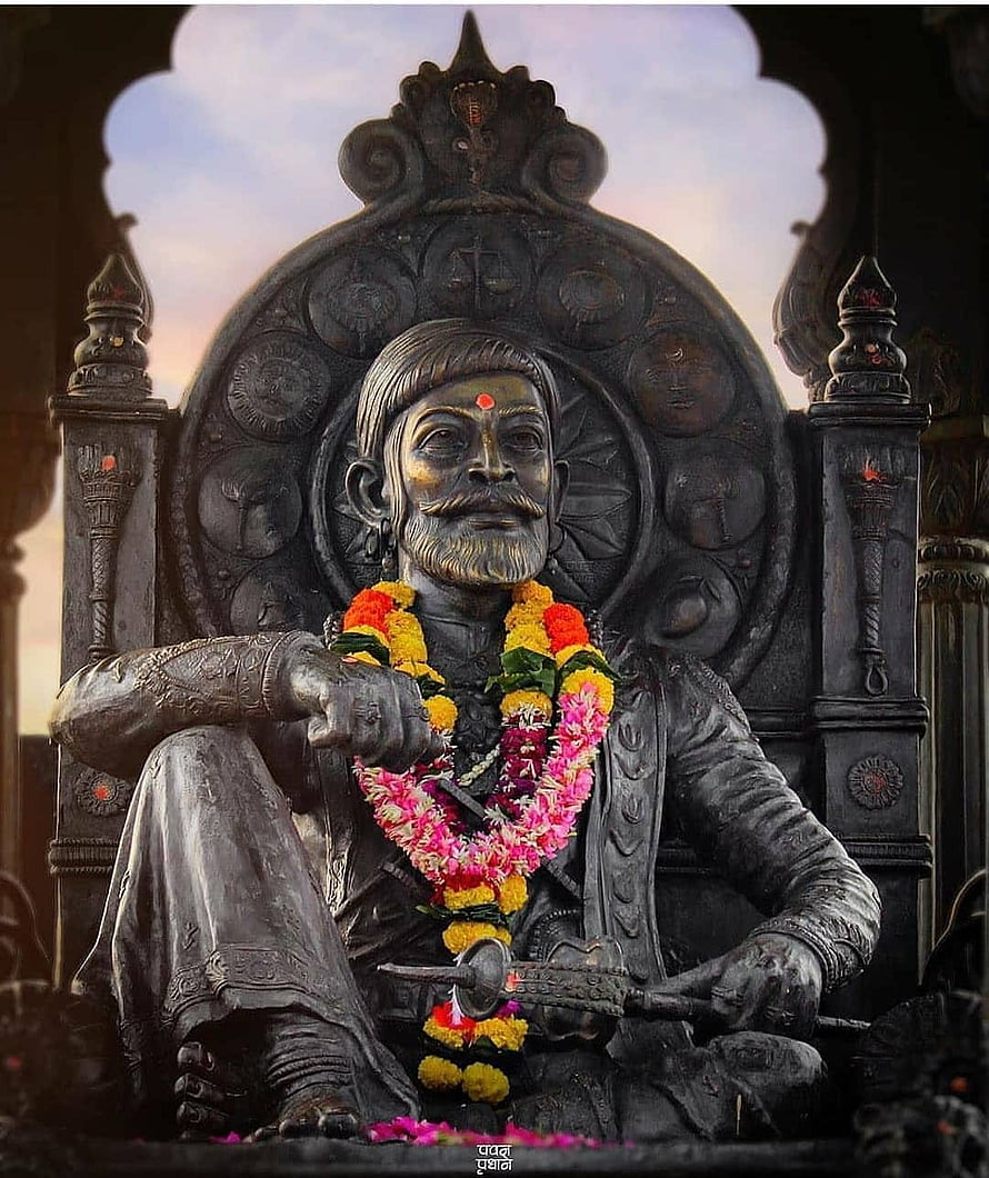 Chhatrapati Shivaji Maharaj Statue Adorned With Marigold Garlands Seated On Ornate Throne HD phone wallpaper