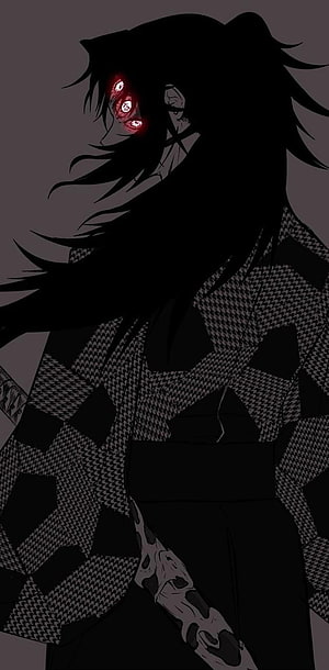 Kokushibo Demon Slayer Dark Anime Character with Glowing Red Eyes and Houndstooth Pattern HD phone wallpaper