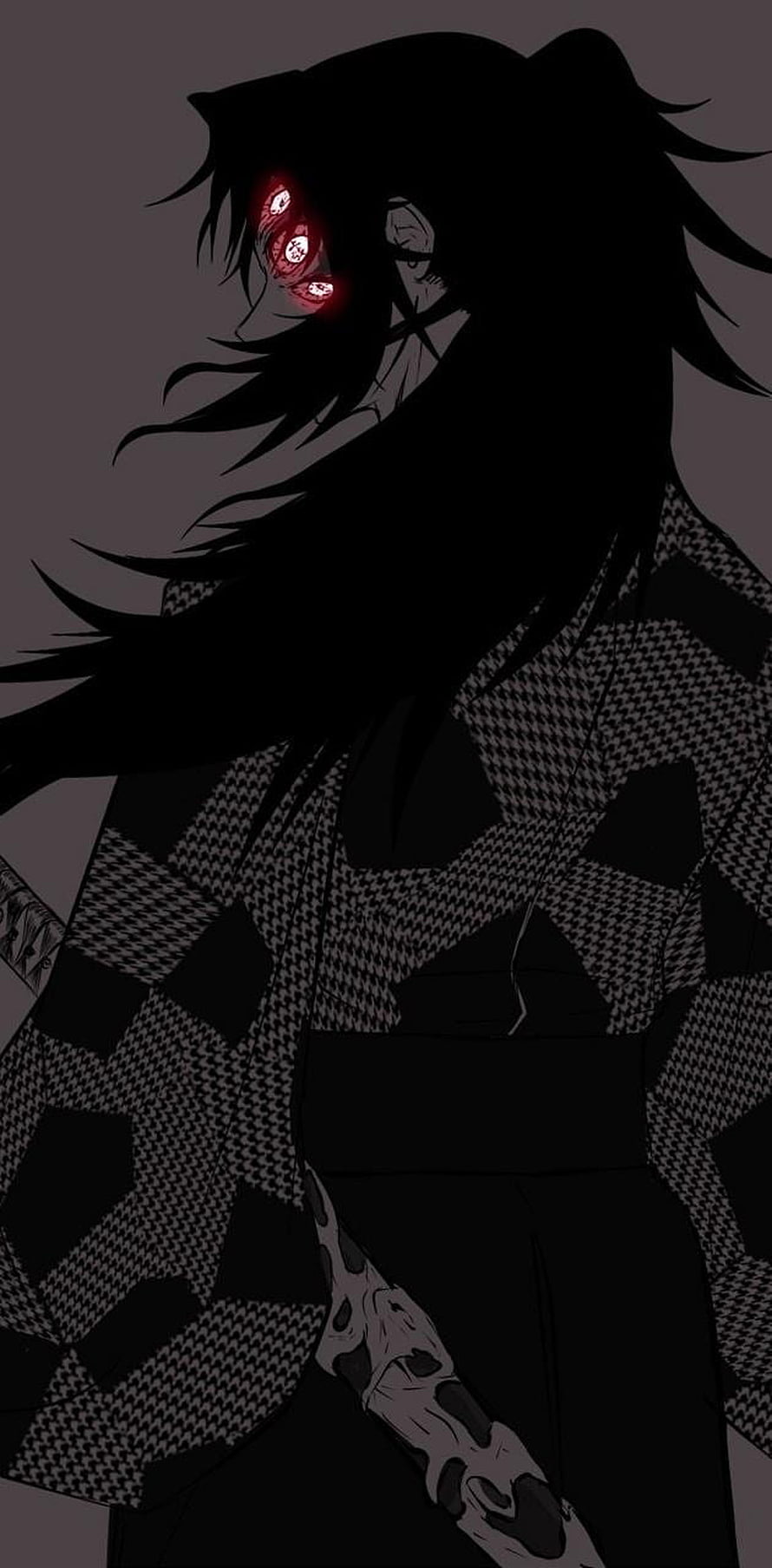 Kokushibo Demon Slayer Dark Anime Character with Glowing Red Eyes and Houndstooth Pattern HD phone wallpaper