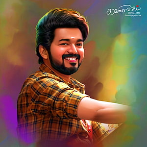 Vijay Digital Painting Portrait in Plaid Shirt with Vibrant Background HD phone wallpaper