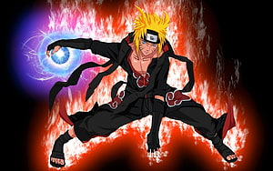 Pain from Naruto Shippuden channeling a Rasengan against a fiery red background HD wallpaper
