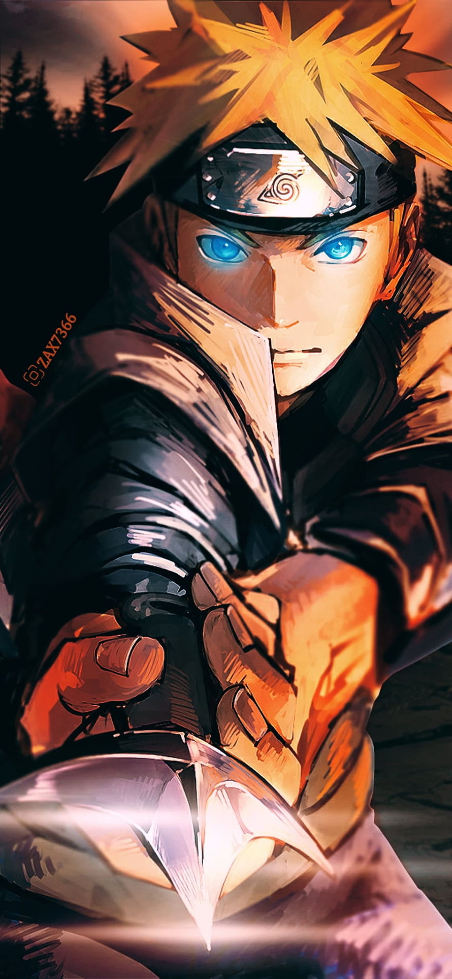 Naruto Uzumaki in Sage Mode with Glowing Blue Eyes and Kunai HD phone wallpaper