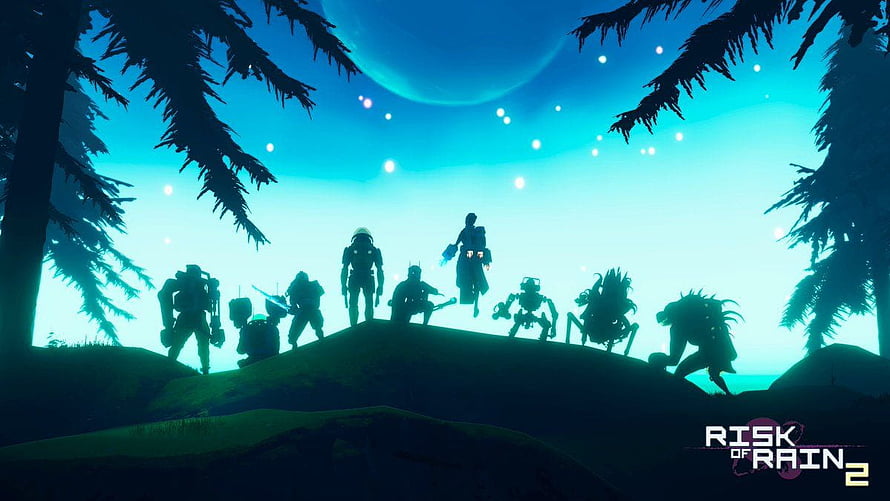 Risk of Rain 2 Silhouetted Characters on Hilltop Under Alien Moon HD wallpaper