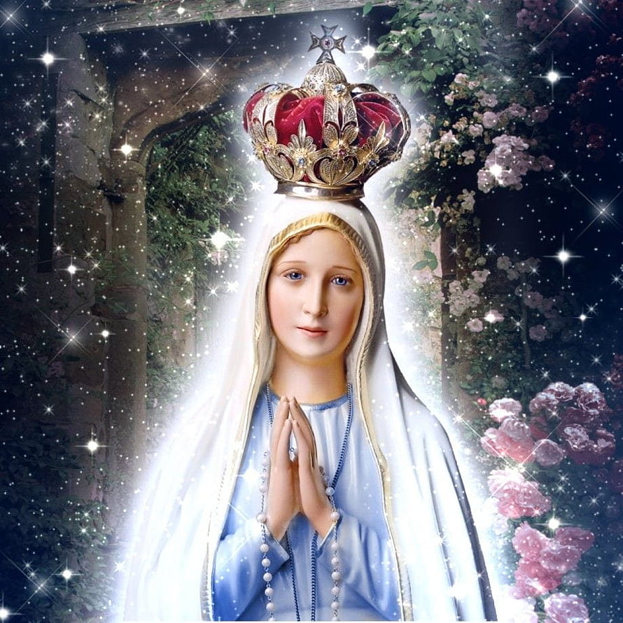 Our Lady of Fatima in Prayer with Crown and Rosary in a Flowering Grotto HD phone wallpaper