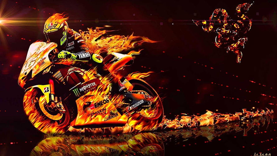 Flaming Yamaha Racing Motorcycle with Fire Effects and Dark Background HD wallpaper