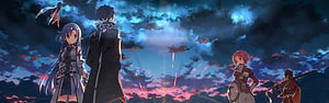 Sword Art Online anime characters gazing at a dramatic twilight sky with falling embers HD wallpaper