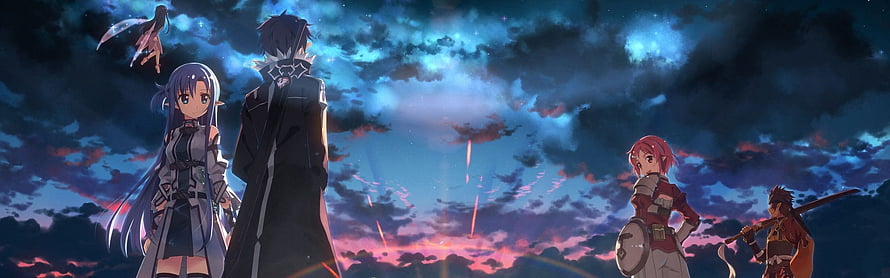Sword Art Online anime characters gazing at a dramatic twilight sky with falling embers HD wallpaper