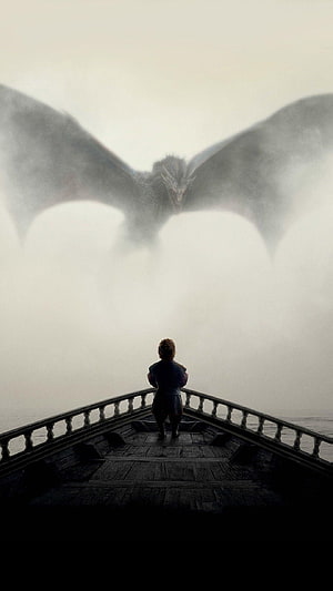 Tyrion Lannister Confronts a Massive Dragon on a Misty Bridge in Game of Thrones HD phone wallpaper