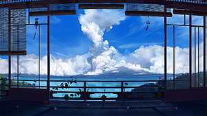 Serene Japanese Veranda View of Ocean and Dramatic Clouds HD wallpaper