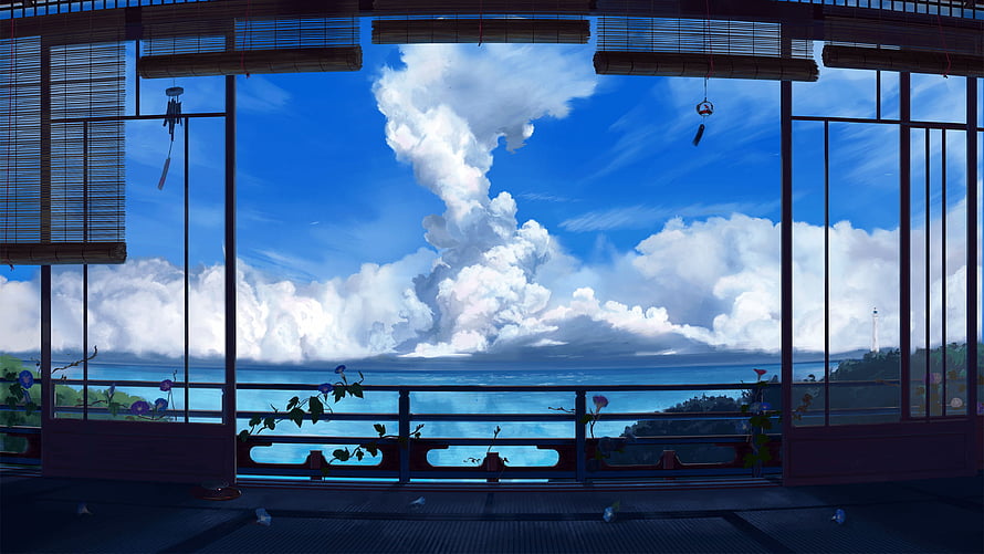Serene Japanese Veranda View of Ocean and Dramatic Clouds HD wallpaper