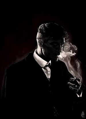Thomas Shelby from Peaky Blinders Smoking Cigarette in Dramatic Black and White Portrait HD phone wallpaper