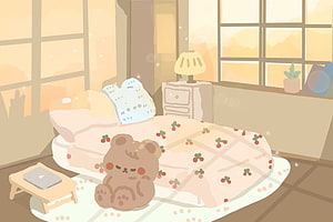 Cozy Korean Aesthetic Bedroom with Sleeping Bear and Laptop HD wallpaper