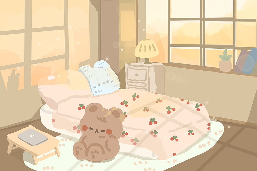 Cozy Korean Aesthetic Bedroom with Sleeping Bear and Laptop HD wallpaper