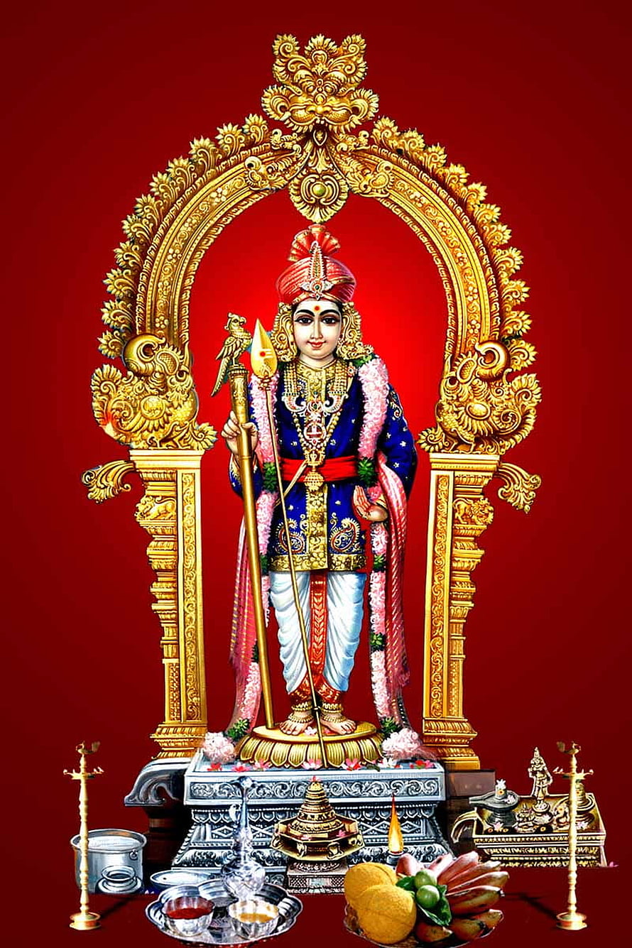 Palani Murugan Raja Alankaram Deity in Ornate Golden Temple Arch with Ritual Offerings HD phone wallpaper